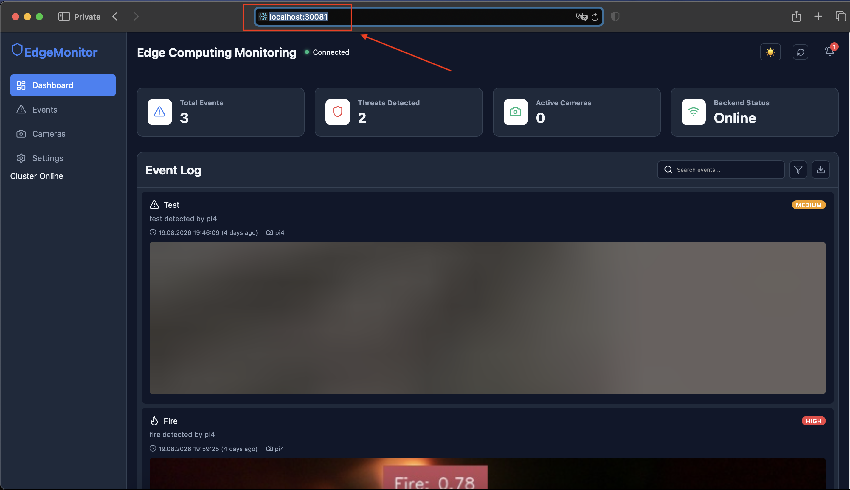 Screenshot: Browser window showing the dashboard loaded on localhost:30081 (from Rancher Desktop test)